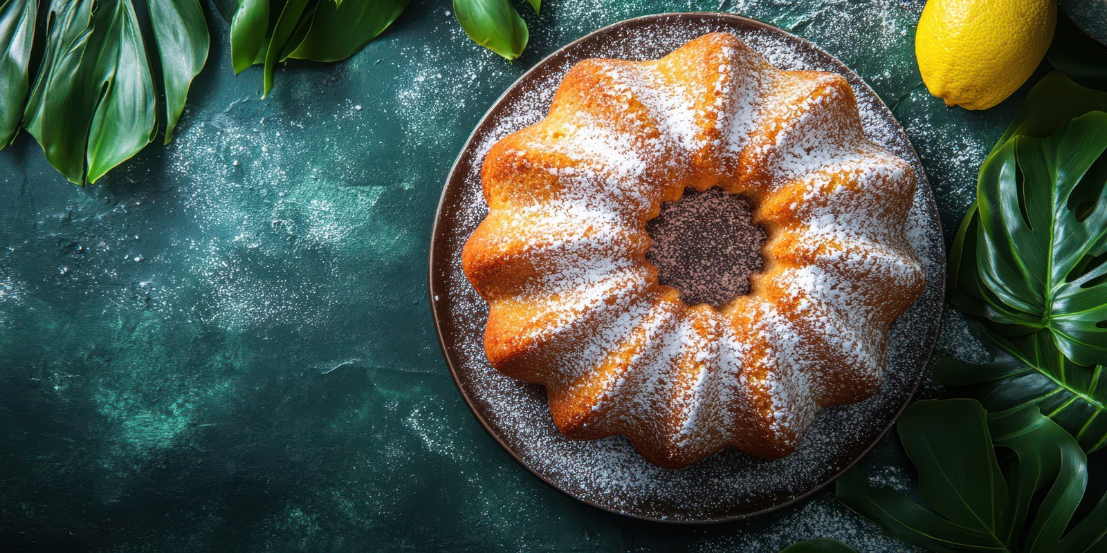 Delicious lemon bundt cake displayed on a dark plate surrounded by fresh leaves and a lemon